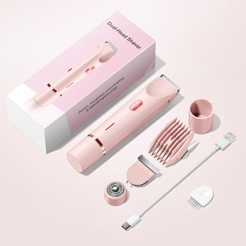 Bikini Trimmer for Women Electric Razors for Women, Double Head Dual Purpose, IPX7 Waterproof Hair Razor, Ceramic Blade Hair Trimmer Wet & Dry Use, Painless Electric Shaver for Facial and Body (Pink) Pink