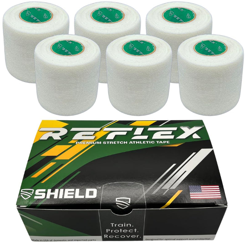 Shield Reflex | Stretch Athletic Tape, Tear by Hand, Made in USA, Thin, Flexible, Elastic Sports Tape, Spatting Football Tape 6 Pack (Arctic White, 2 Inch) Arctic White