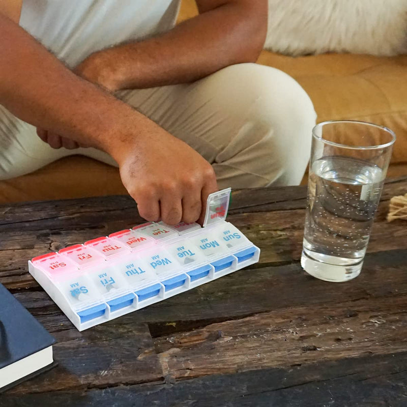 EZY DOSE Push Button (7-Day) Pill Case, Medicine Planner, Daily Vitamin Organizer, 2 Times a Day AM/PM, Large Compartments, Arthritis Friendly, Easy to Use, Clear Lids, Red/Blue, BPA Free (Pack of 2) 1 Count (Pack of 2)