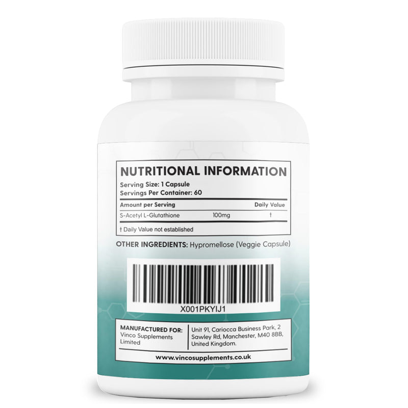 Vinco S-Acetyl L-Glutathione Supplement, 60 L-Glutathione Capsules, Antioxidant Supplement, Support Immune System & Neuron Health- 100mg per Serving, Protects Liver Function - Non-GMO & Gluten Free