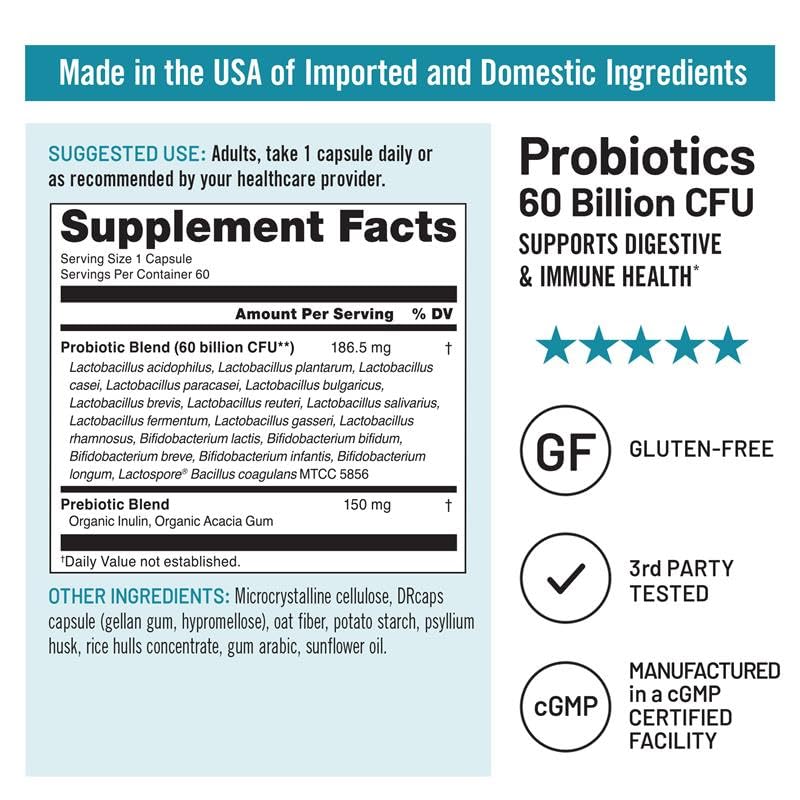 NatureWise Probiotics 60 Billion CFU - 17 Strains + Organic Prebiotics - Immune, Digestive & Gut Health Support for Women & Men - Vegetarian, Gluten-Free, Non-GMO - 60 Capsules[2-Month Supply] 60 Count (Pack of 1)