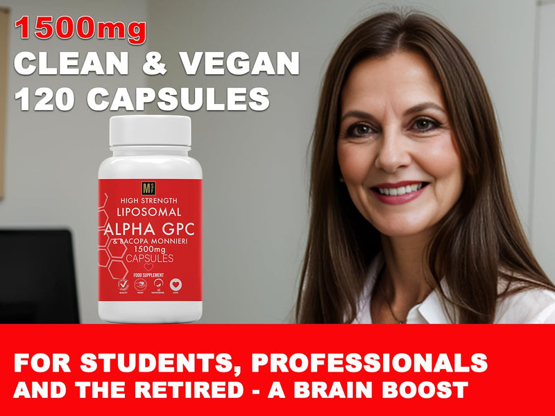 Alpha GPC & Bacopa Monnieri 1500mg | 120 Capsules High Strength Liposomal Max Absorbtion Alpha-GPC Choline Supplement Memory, Focus Brain Support