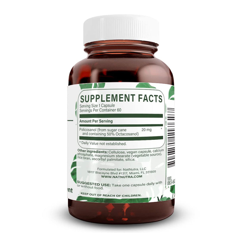 Natural Nutra Policosanol 20mg with Octacosanol, Supplement, 60 Vegan Caps | Promotes Fluid Circulation, Improves Blood Circulation, Supports Maintaining Fat Level, Improves Cardiovascular Health