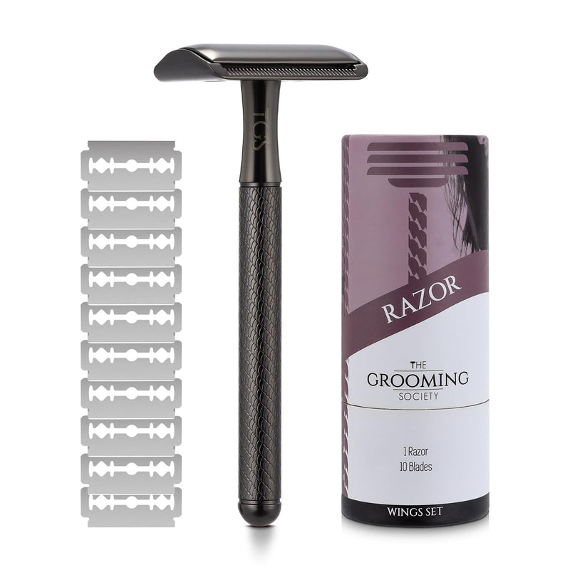 Black Double Edge Safety Razor, Classic Razor Set for Men, Zero Waste Razor with 10 Replacement Double Edge Blades, Metal Razor