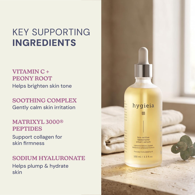 Hygieia+ Smart Serum with Liposomal Delivery, Large 3.3 oz Bottle | Bio Active Idebenone, Hyaluronic Acid & Vitamin C | Anti-Aging, Firming & Fine Lines