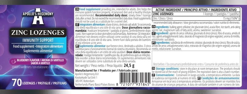 Zinc gluconate 15 mg - 70 lozenges | 70 Servings |Immune Support | Blueberry Flavor- Apollo's Hegemony