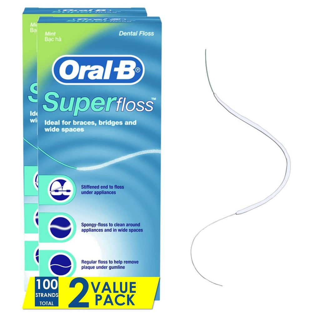 Oral-B Dental Floss for Braces, Super Floss Pre-Cut Strands, Mint, 50 Count, Pack of 2 164 Foot (Pack of 2)