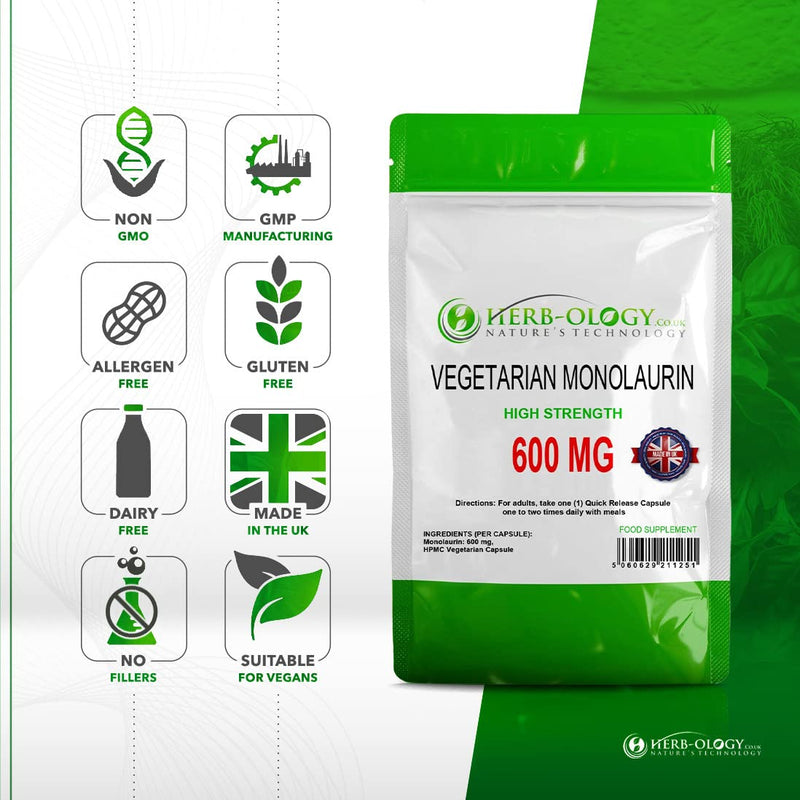 HB Monolaurin | 60 High Strength Monolaurin Capsules - 600mg-Monolaurin per Serving | No Artificial Ingredients or Fillers | Non-GMO, Gluten & Allergen Free | Manufactured in The UK 60 count (Pack of 1)
