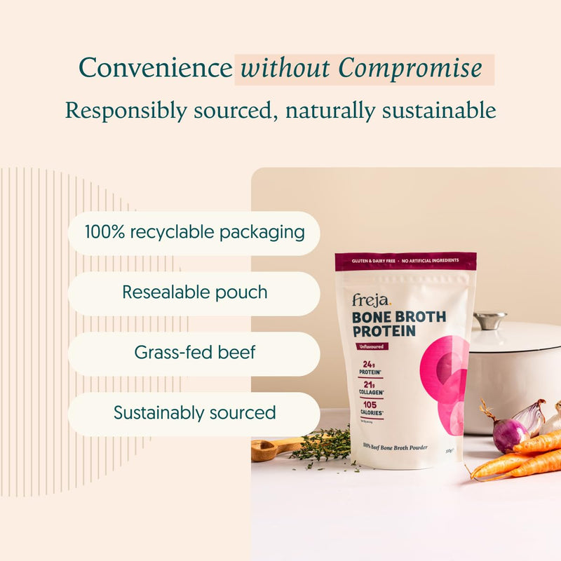 Freja Bone Broth Powder | 100% Natural Collagen & Protein Powder | Pure Beef, Grass-Fed | Amino Acids & Minerals | Nutrition for Healthy Gut, Skin, Hair & Nails | 300g (15 Servings)