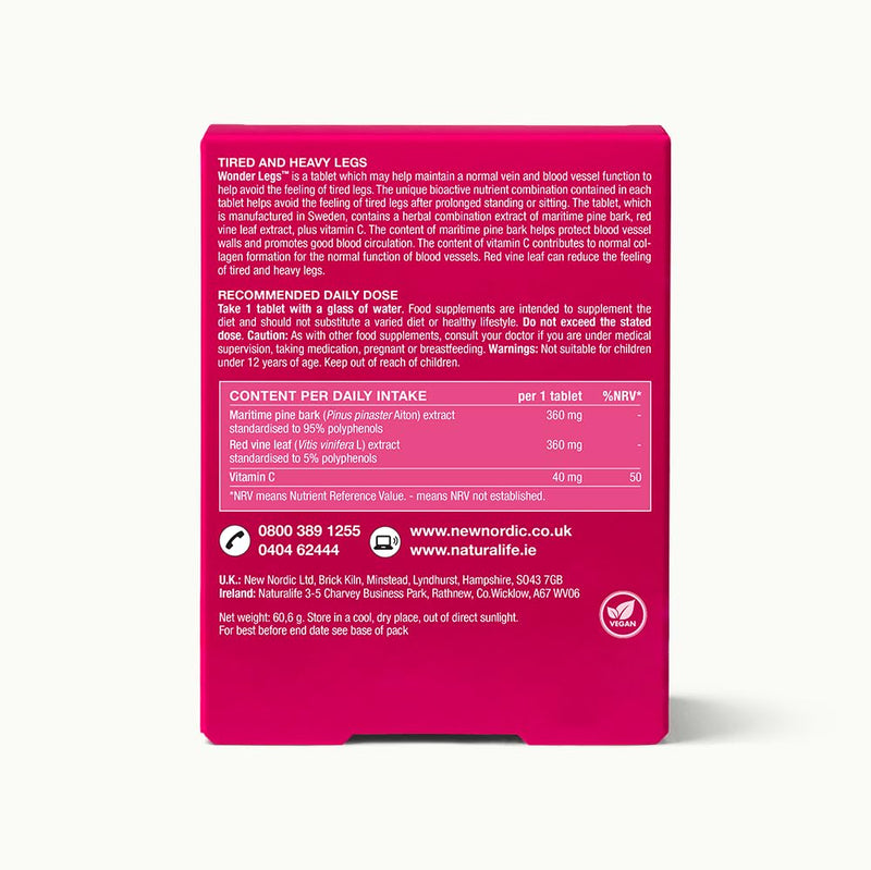 New Nordic Wonder Legs, High-Strength Pine Bark & Red Vine Leaf Extract with Vitamin C, Supports Normal Circulation & Vein Function, 60 Vegan Tablets 60 count (Pack of 1)
