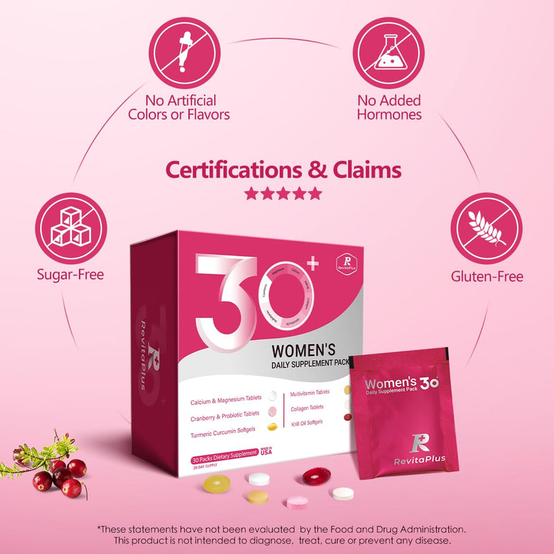 RevitaPlus Multivitamin for Women with Vitamin A,B,C,D3,E,K2,Biotin, Collagen,Krill Oil,Cranberries Supports Energy,Wellness,Beauty and Immune - Vitamin Packs for Women Health 30 Packs 1 Box