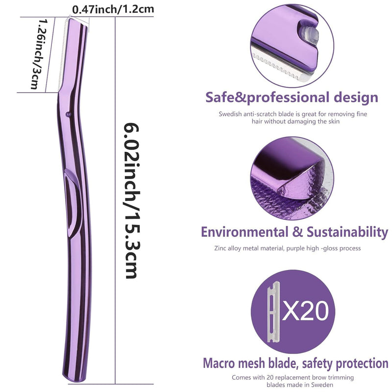 [Australia] - Professional Dermaplaning Tool Set with 20 Replaceable Stainless Steel Blades, Face Exfoliation Razor for Peach Fuzz Removal, Eyebrow Shaping, All Skin Types (Purple) Purple 