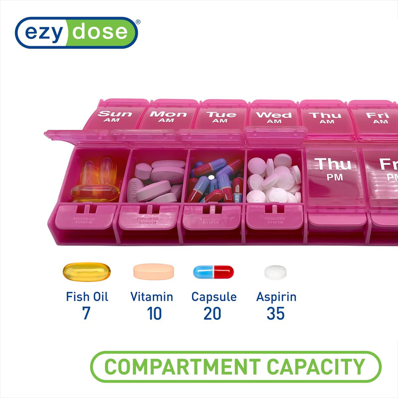 Ezy Dose Weekly (7-Day) AM/PM Pill Organizer, X-Large Medicine Case, Pink | Daily Vitamin Box & Supplement Planner, 2 Times a Day Push Button Compartments, Arthritis-Friendly, Travel-Friendly, BPA-Free