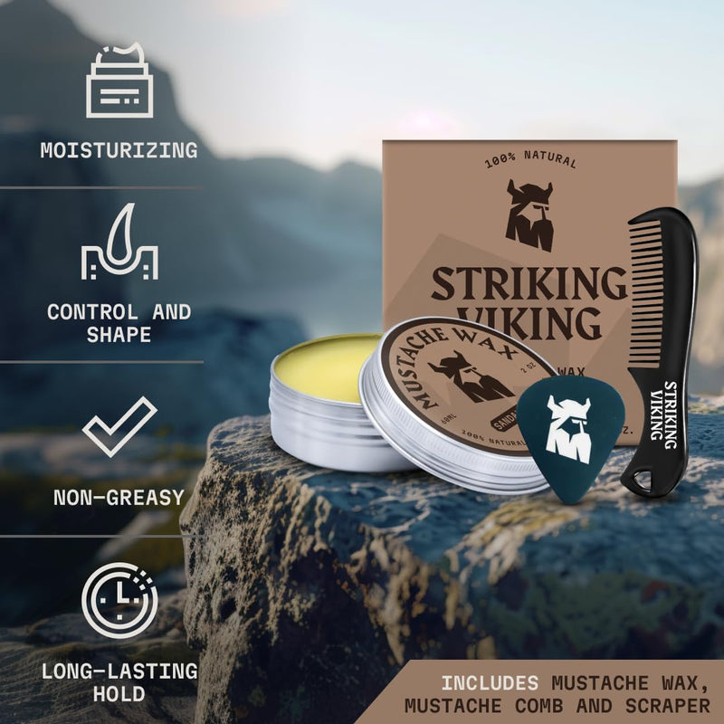 [Australia] - Striking Viking Mustache Wax and Comb Kit - Beard and Mustache Wax for Men with Strong Hold Natural Beeswax - Helps Tame, Style, and Groom (2 oz) (Sandalwood) Sandalwood 