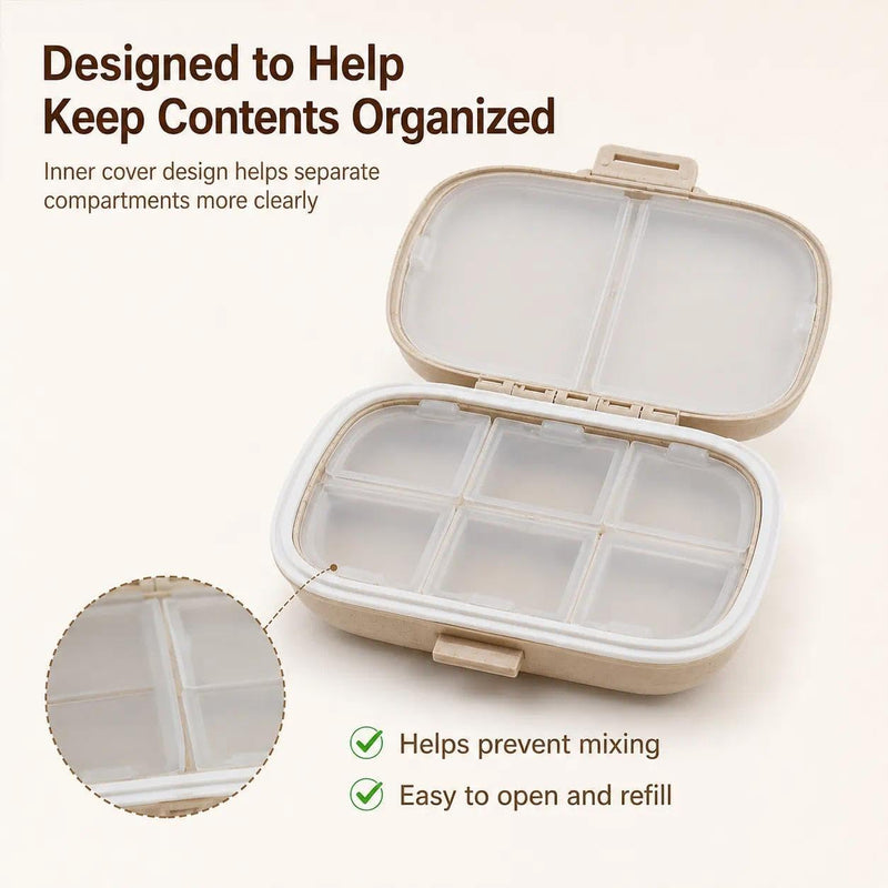 Travel Pill Organizer, 8-Compartment Portable Pill Case for Vitamins and Supplements, Compact Pill Box for Pocket and Purse, Beige