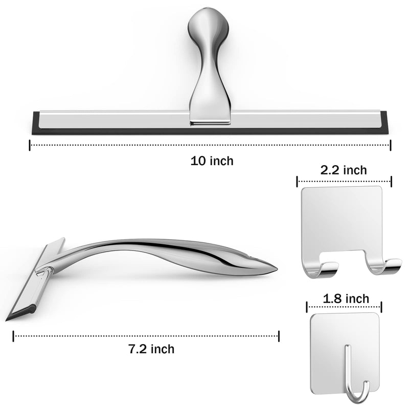 [Australia] - All-Purpose Stainless Steel Shower Squeegee for Shower Glass Door with 2 Adhesive Hooks, Bathroom Cleaner Tool Household Window Mirror Squeegee , Cleaning Tile Wall, Car, 10 Inch Silver 10-Inch 