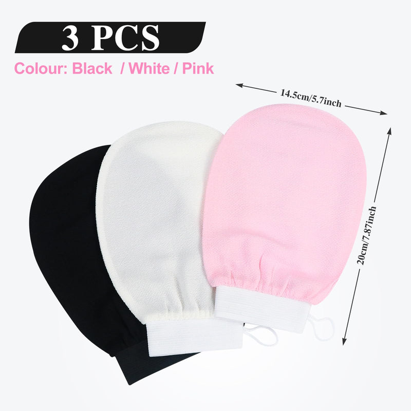 [Australia] - Soodyoow 3 pieces exfoliating gloves, peeling gloves, peeling gloves, bathing gloves, exfoliating gloves for skin massage, removing dead skin, for women and men (black, white, pink) 3 pieces (black, white, pink). 