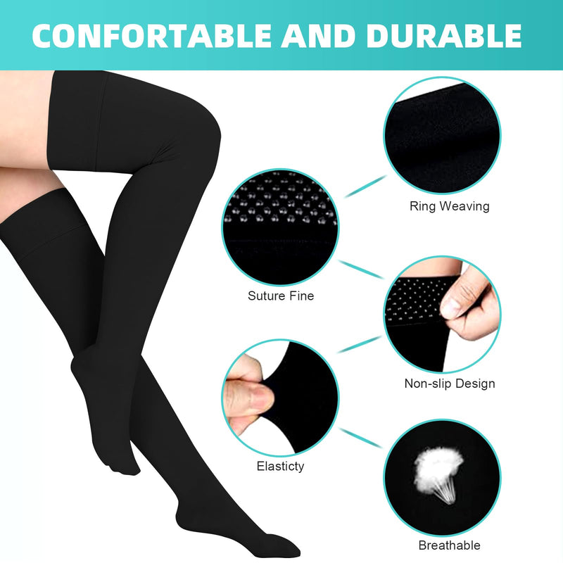 [Australia] - Evolyline 2 pairs of medical compression stockings for women and men, 20-30 mmHg, class II thigh long support stockings, compression socks for air travel, graduated support for varicose veins, toe wrap (black + black), XL 