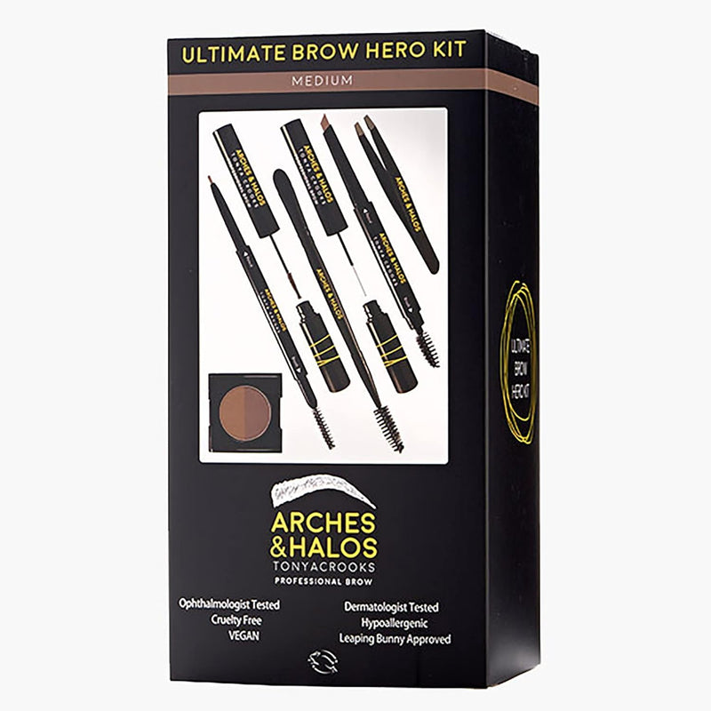[Australia] - Arches & Halos - Ultimate Brow Hero Kit - Eyebrow Styling Makeup Kit, Pencil, Gel, Shading, Powder, Mousse, Natural and Bold Precise Brow Shaper - Hypoallergenic, Vegan - 7 Pc Kit, Medium 