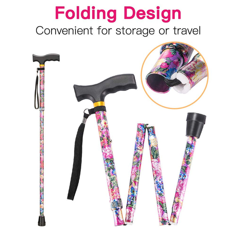 [Australia] - Walking Cane LIXIANG Cane for Man/Woman | Mobility & Daily Living Aids | 5-Level Height Adjustable Walking Stick | Comfortable Plastic T-Handle Portable Walking Stick Folding Cane Pink Print 