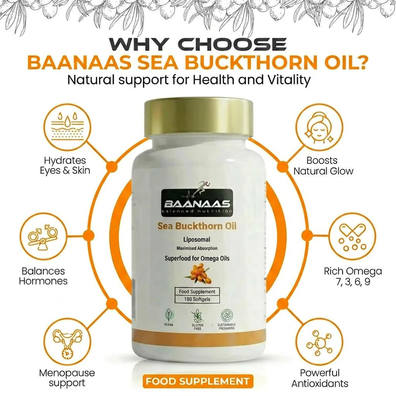 LIPOSOMAL Sea Buckthorn Oil Capsules 30,000mg | 180 Count | High Strength Vegan Supplement | Source of Omega 7 Essential Fatty Acids | No Artificial Preservatives | by Baanaas