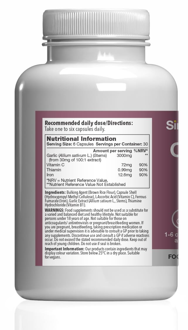 High Strength Odourless Garlic Capsules with Added Vitamin C, Thiamine and Iron | 360 Vegan & Vegetarian Capsules | Heart Health & Circulation Support | Fast Release & Absorption | UK Made Unflavoured 180 count (Pack of 2)