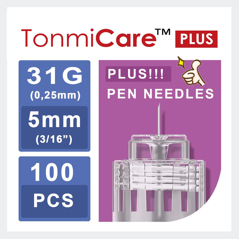 [Australia] - Plus Pen Needles 31g 5mm, Flat Pen Needle Base for Comfortable Insulin Injection, Compatible with Most Diabetes Pens and Injection Devices, 100 pcs/Box (3/16'') 