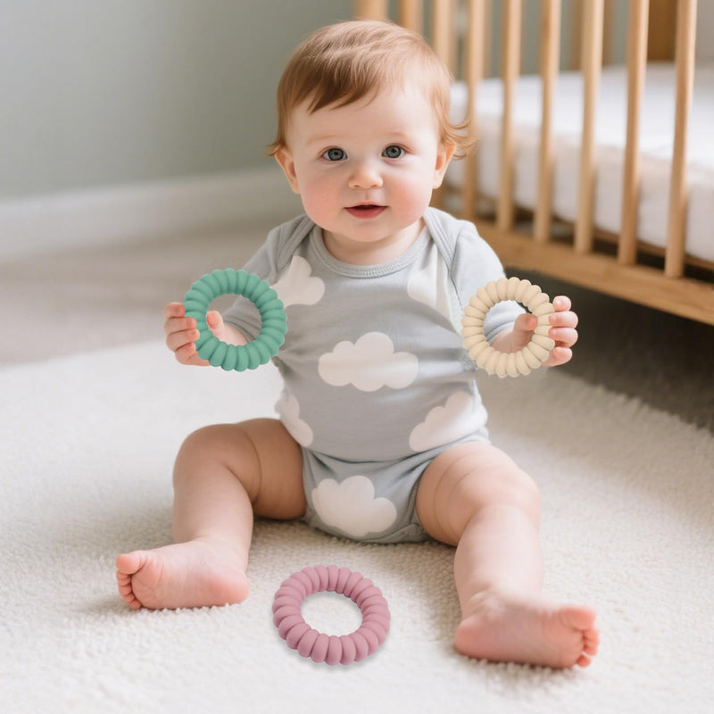 [Australia] - Baby Teether Toys, Silicone Teether Rings with Rattle for Babies, Textured Teething Rings Relief Soothing Sore Gums, 3 Pack 