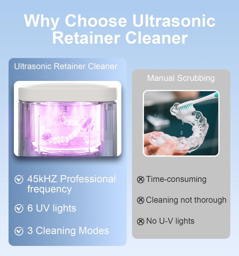 [Australia] - 2025 Ultrasonic Retainer Cleaner Machine, 45kHz Retainer Cleaner with Digital Timer & 3 Modes, 200ML Large Capacity Ultrasonic Cleaner for Dentures, Night Guards, Braces, Aligner, Jewelry and More White 
