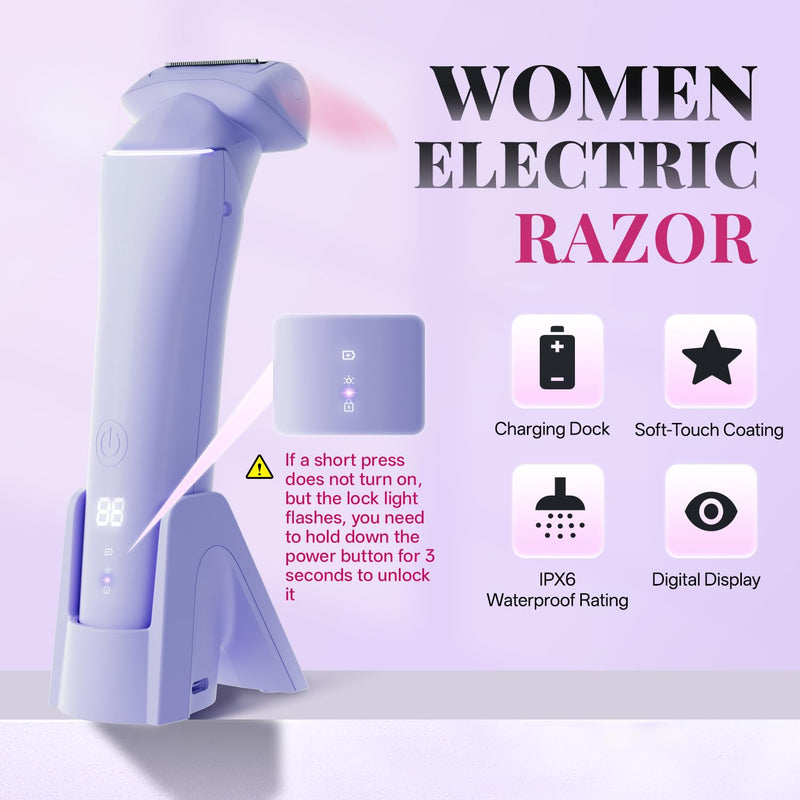 [Australia] - krofaue Women Electric Shaver - Cordless Waterproof Body Foil Shavers, Dry & Wet Electric Razors for Women with LED Display USB Charge Dock Purple Electric Shaver for Women 