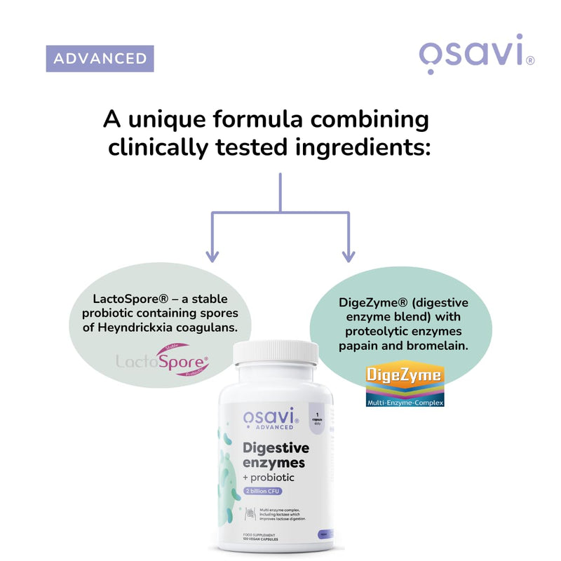 Osavi Digestive Enzymes + Probiotic – 120 Vegan Capsules | DigeZyme® + LactoSpore® | 7 Digestive Enzymes with Papain & Bromelain | Clinically Studied Ingredients | Clean Label