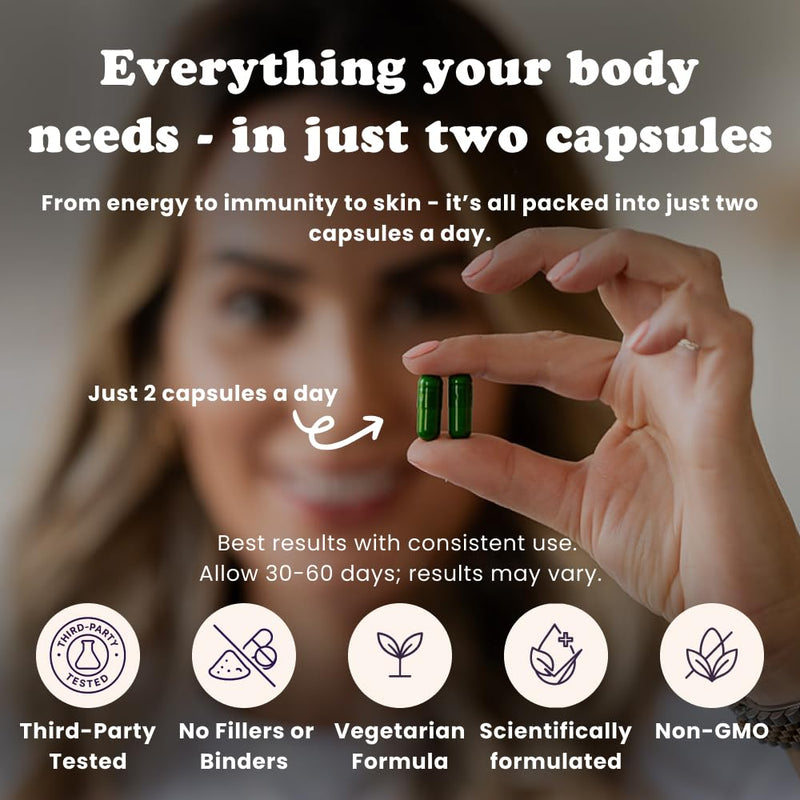 Multee High Potency Multivitamin - 30 Day Supply - 40 Essential Multi Vitamins & Minerals Supplements C, D, B12, Iodine & Supergreens Blend, Daily Nutritional Support, 60 Vegan Capsules
