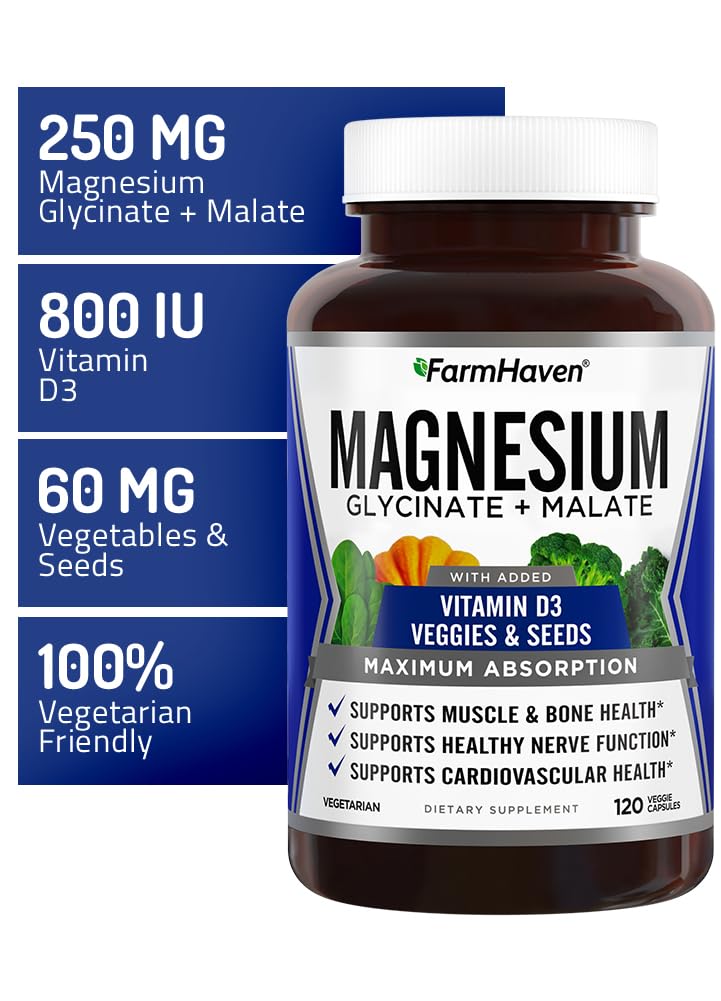 [Australia] - FarmHaven Magnesium Glycinate & Malate Complex w/Vitamin D3, 100% Chelated for Max Absorption, Vegetarian – Bone Health, Nerves, Muscles, 120 Capsules, 60 Days 120 Count (Pack of 1) 