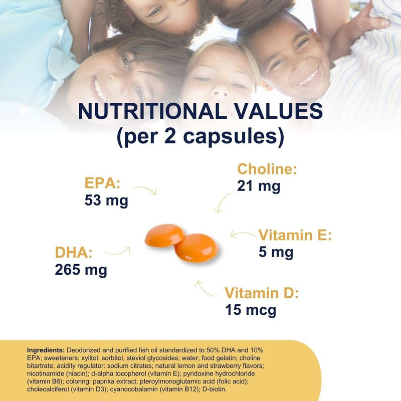 VitaDHA Brain Omega3 for Kids 3+ IFOS Certified (60 Jellies) - No Fishy Aftertaste, Sugar Free - with Vitamin D3 and B - Strawberry and Lemon Flavour