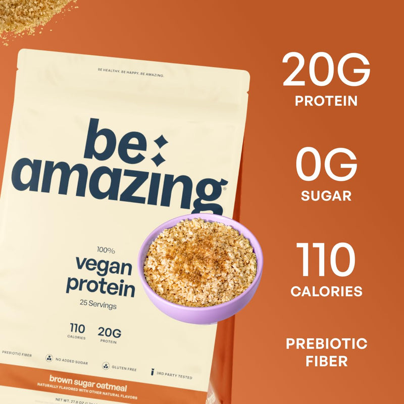 [Australia] - BE AMAZING Vegan Protein Powder, Brown Sugar Oatmeal, 20g Plant Based Protein with Prebiotic Fiber, Low Carb, Dairy and Gluten Free Shake Mix, No Added Sugar, 29.3 oz, 25 Servings 