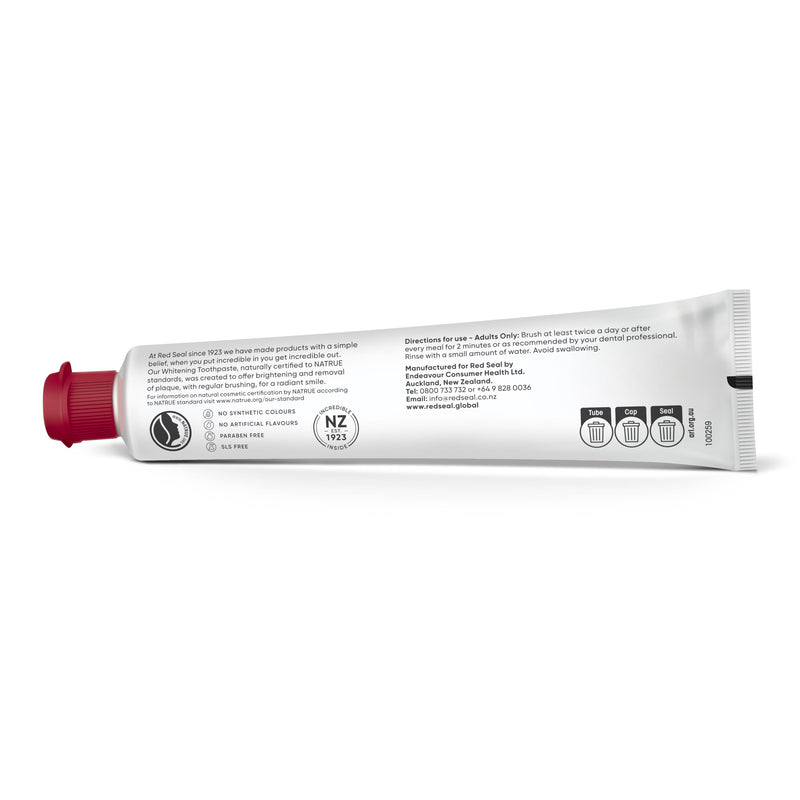 Red Seal Fluoride Free Whitening Toothpaste - Mint - Vegan Friendly, Cruelty Free, No Synthetic Colors or Artificial Flavors, NATRUE Certified Natural Ingredients, Paraben & SLS Free, 3.53 oz Natural Whitening