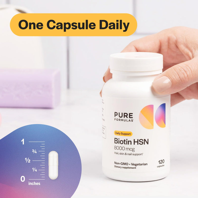 PureFormulas Biotin 8000 mcg Hair Skin Nails Biotin Supplement Biotina, Biotin Hair Growth Vitamins B7 Supplement for Women & Men 120 Capsules 120 Count (Pack of 1)