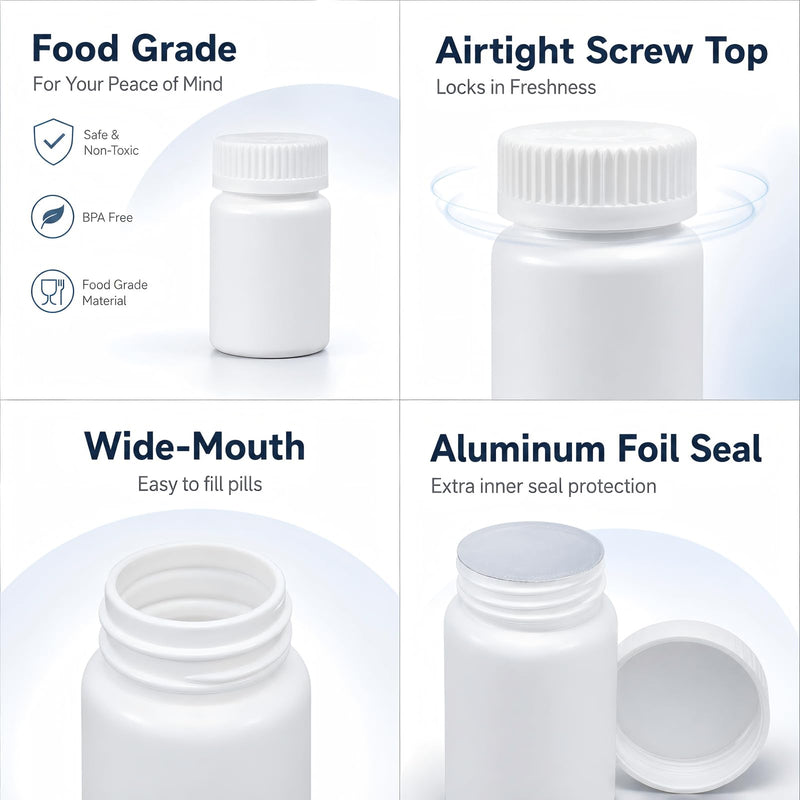 METAPACK 8 Pack 1.6 oz Food Grade Pill Bottles with Labels and Screw Caps | Opaque BPA-free HDPE construction with aluminum foil liners; ideal for tablets, capsules, vitamins, supplements and powders. White 1.6oz/50ml