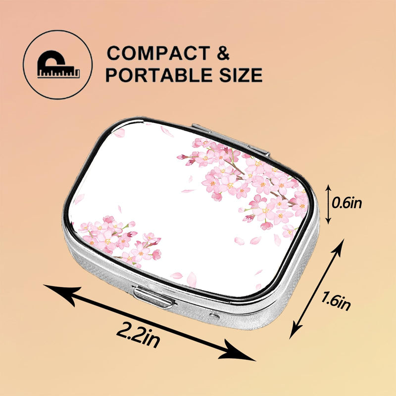 Square Pill Case Small Pill Box with Mirror Pocket 2 Compartment Vitamin Pill Medicine Case Organizer Pill Containers for Traveling Cherry Blossom
