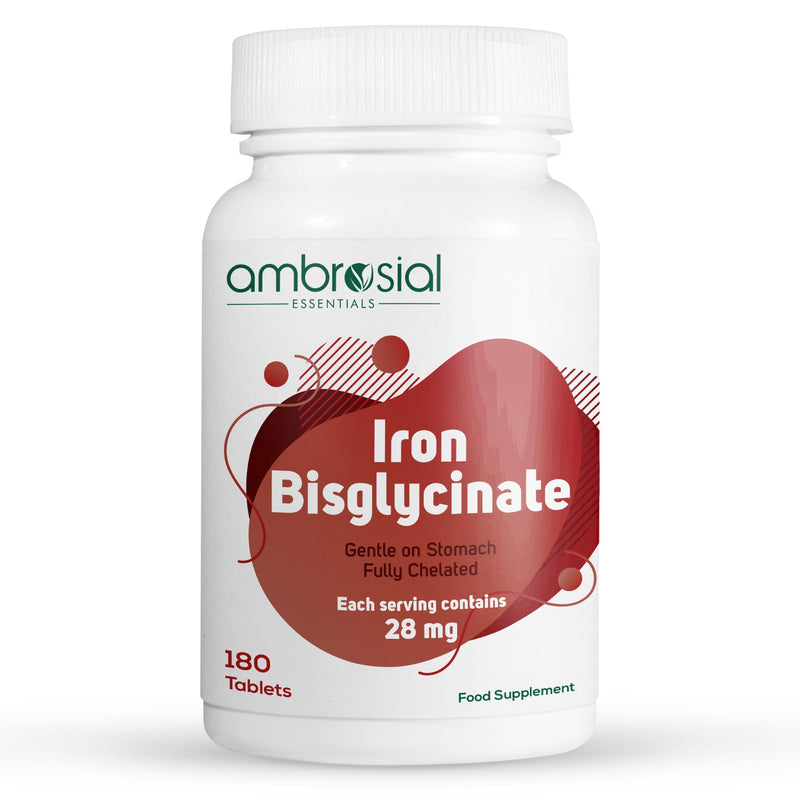 Ambrosial Iron Bisglycinate high Absorption Iron Supplements 28mg- Gluten Free Iron Supplements, Tiredness and Fatigue High Strength Iron Tablets | Iron Supplements for Women and Men- 180 Tablets 180 count (Pack of 1)