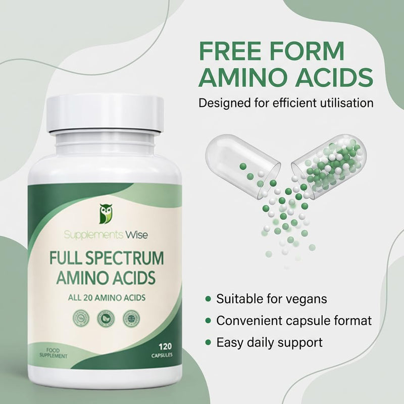 Full Spectrum Amino Acids Complex - 120 Powder Capsules - Free Form Amino Acid Supplements - Includes Essential (EAA) and BCAA for Optimal Benefits - Suitable for Vegans - Up to 4 Month Supply