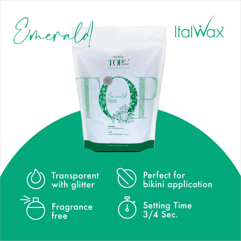 [Australia] - Italwax Top Line Emerald - 750g / 1.65lb - Hard wax beads for hair removal - Scent free - Synthetic formulation ideal for sensitive skins - Recommended for the Bikini Area and Armpits 