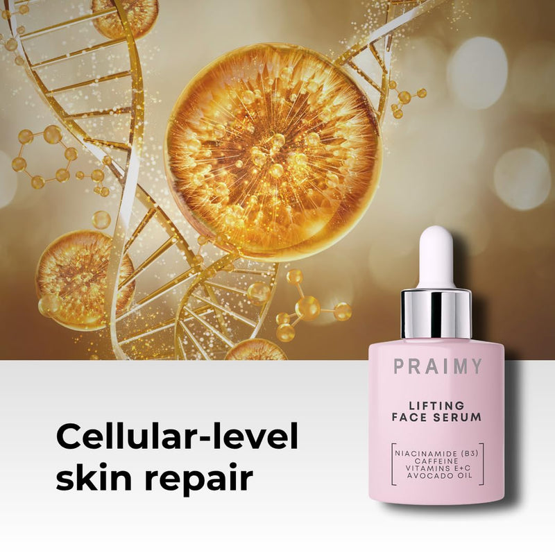 PRAIMY Lifting Face Serum with Niacinamide, Caffeine, Vitamin C & E – Nourishing Botanical Extracts, Avocado Oil, Squalane & Escin Complex for Youthful, Radiant-Looking Skin, 1 fl oz