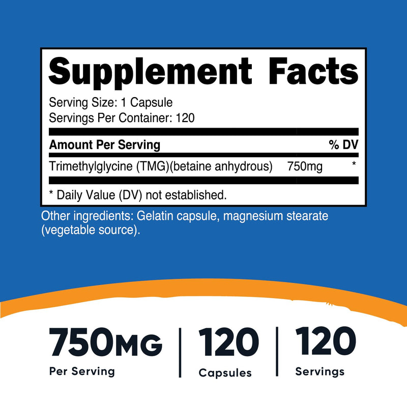 Nutricost TMG (Trimethylglycine) 750mg, 120 Capsules Unflavored 120 Count (Pack of 1)