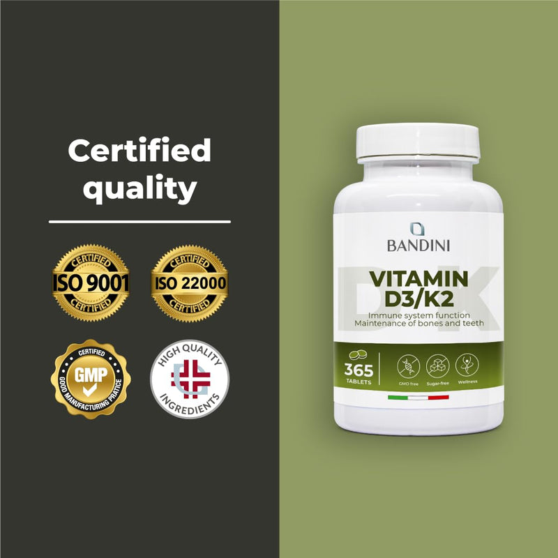 Bandini® Vitamin D3 K2 | 365 Easy-to-Swallow Tablets 1 Year Supply | 2000 IU Vitamin D3 & 200 mcg Vitamin K2VITAL® MK‑7 99% All Trans | Bones, Teeth, Muscles, Joints & Immune System | High Strength