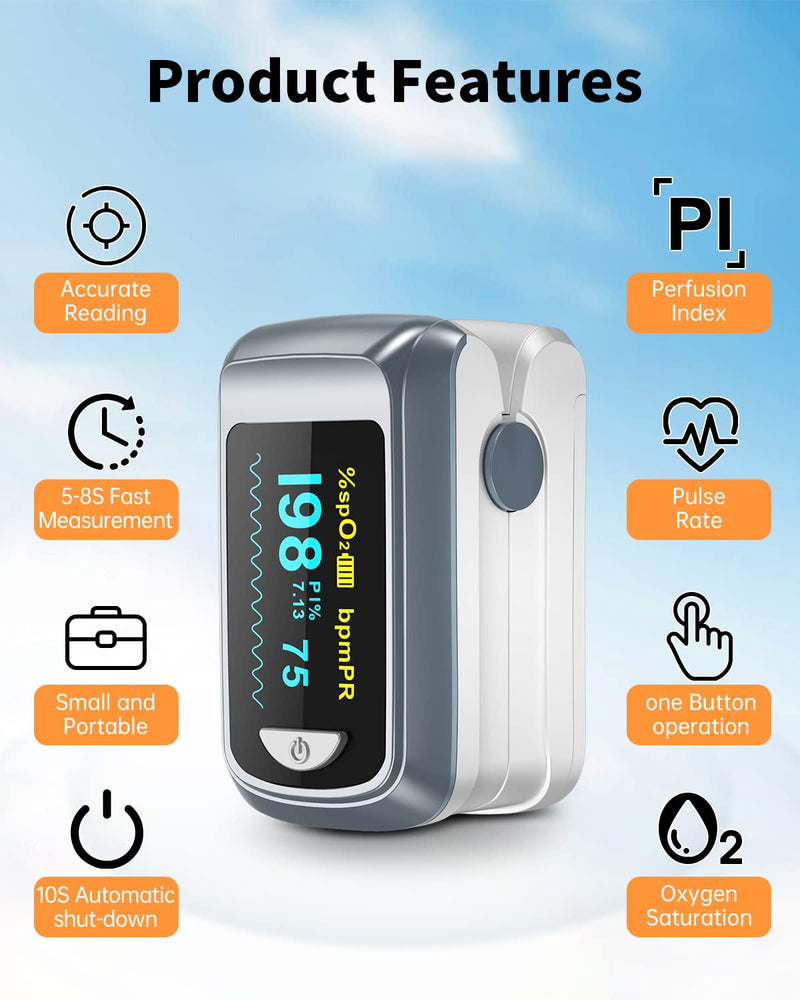 [Australia] - Fingertip Pulse Oximeter Blood Oxygen Saturation Monitor Pulse Ox, Heart Rate and Fast Spo2 Reading Oxygen Meter with OLED Screen Included Lanyard and 2 X AAA Batteries gray 