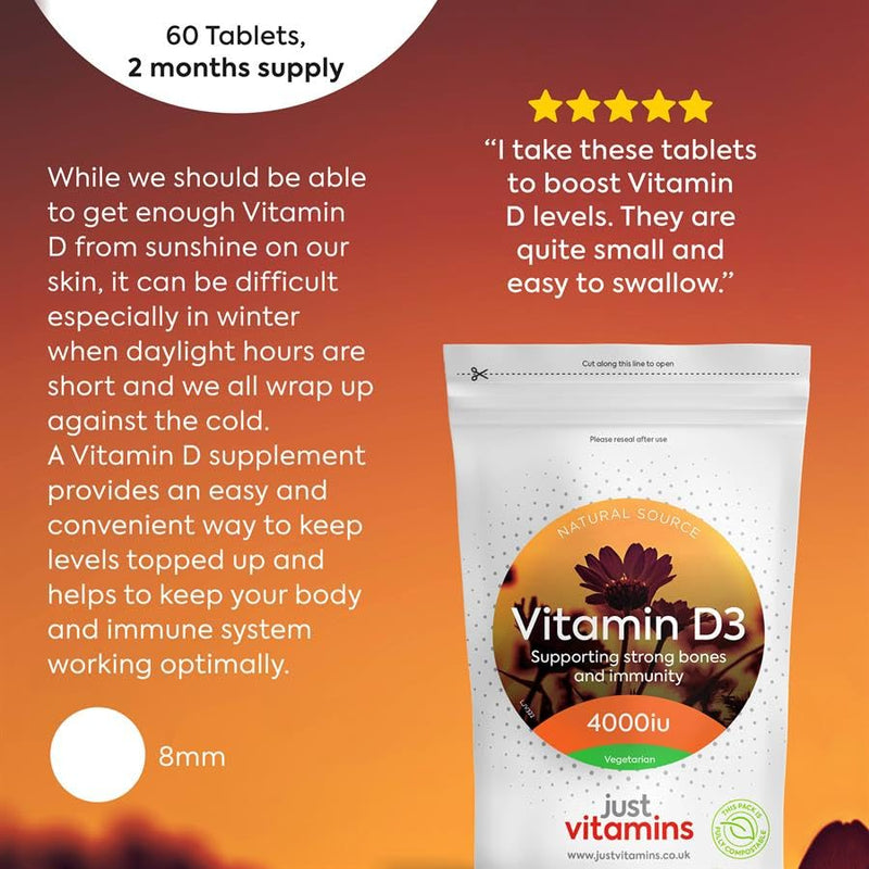 Vitamin D3 4000iu (100µg) | 60 Tablets | High Strength Cholecalciferol | Supports Immune System, Bone & Muscle Health | Easy to Swallow | UK Made Premium Quality | Just Vitamins