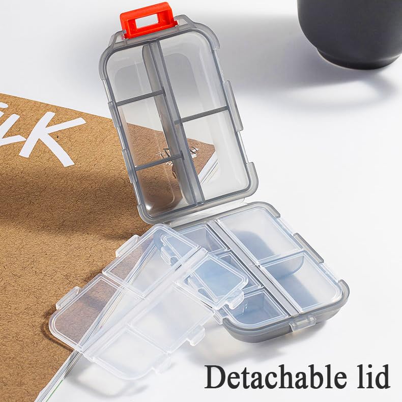Weekly Travel Pill Organizer Box, 10 Compartments Small Fold Case | Medicine Holder, Daily AM PM Morning Night Pocket Travel Capsule Dispenser for Vitamin, Fish Oil, Supplement, Tablet, Grey 10 slot