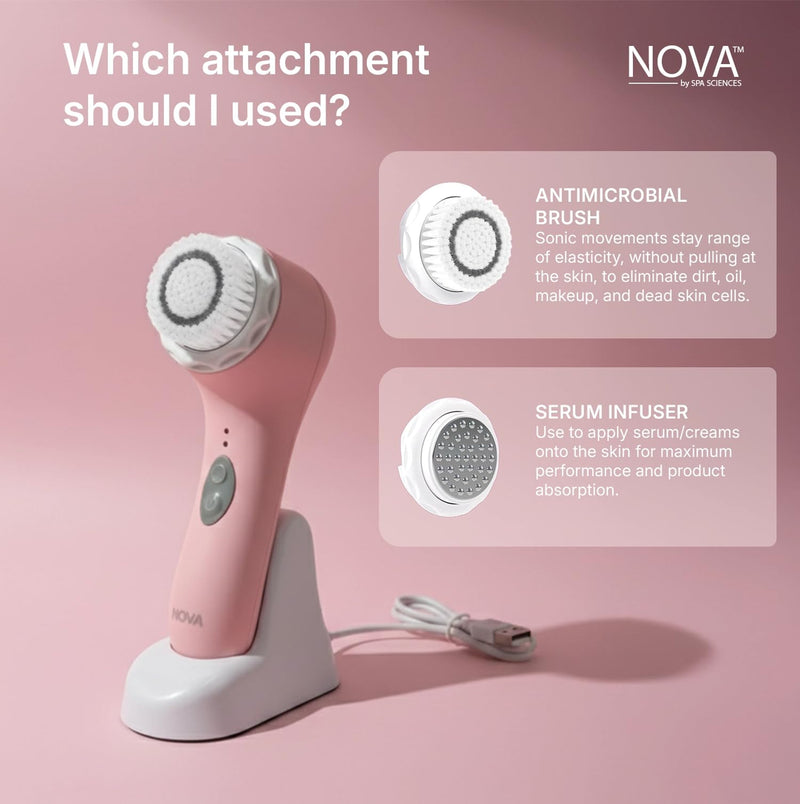 [Australia] - Spa Sciences - NOVA - Sonic Cleansing Brush with Bristles & Infusion System – Anti-Aging Facial Exfoliating, Waterproof, and USB Rechargeable Pink 