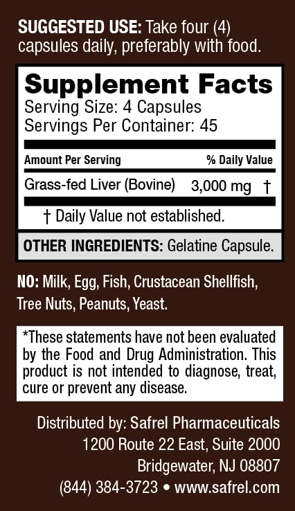 Safrel Grass Fed Desiccated Beef Liver Capsules – Pasture Raised – Undefatted 750mg Each | No Fillers | Natural Iron, Vitamin A, B12 for Energy | Non-GMO | Hormone & Pesticide Free | Gluten-Free